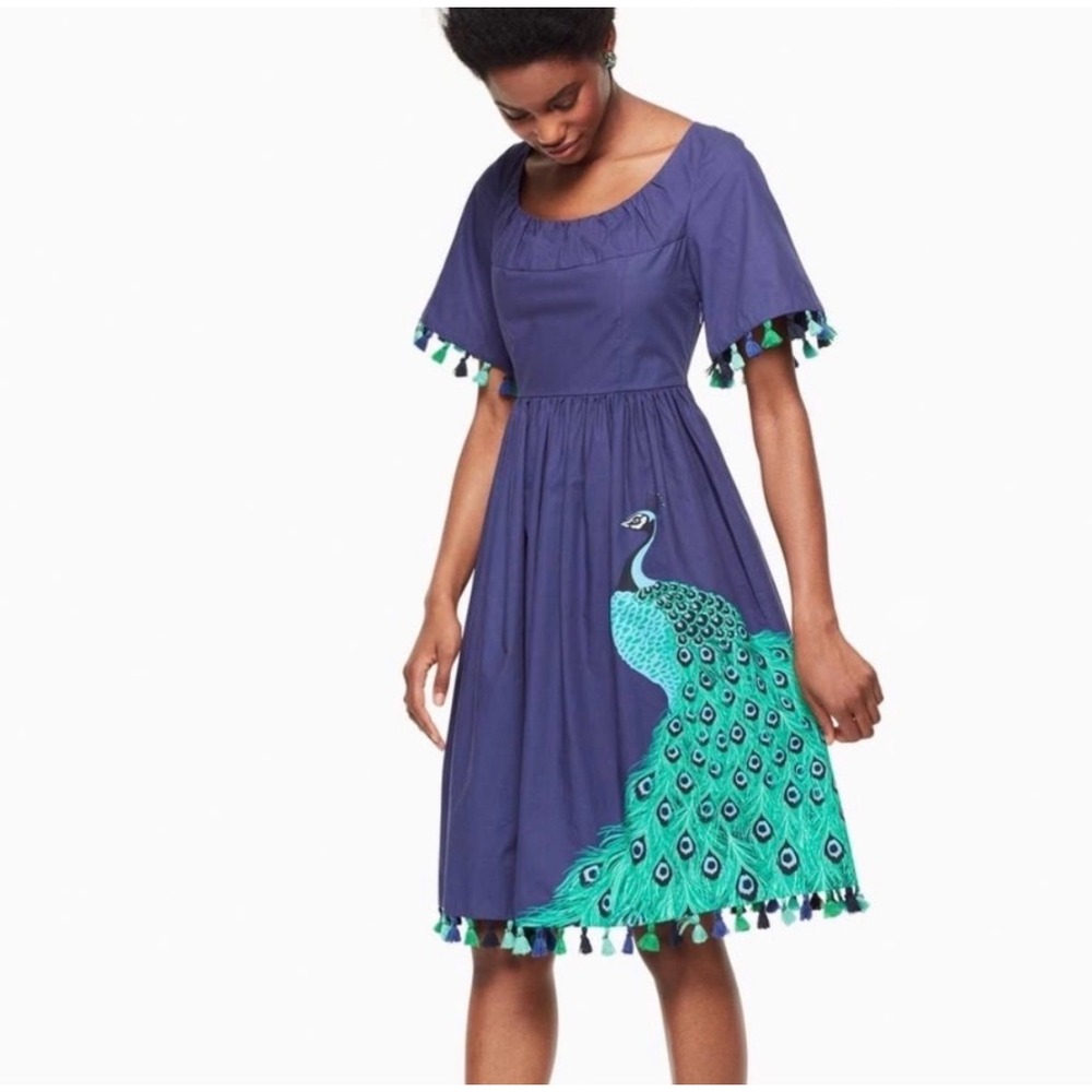 Kate Spade Peacock Tassel Dress 6 Blue Cotton Whimsigoth Maximalist Retro